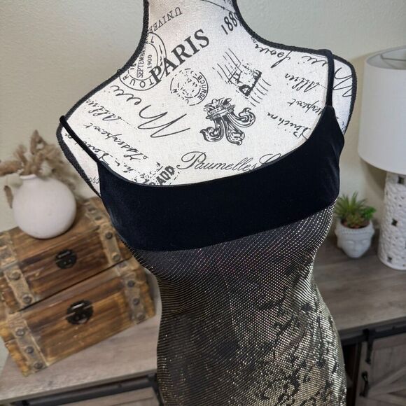 Vintage Cache Metallic Evening Maxi Gown Velvet Trim Size 4 Deadstock Y2K - Picture 4 of 11